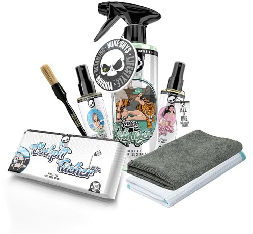 Nuke Guys Auto Reinigungsset Innenraum | Innenreiniger + Glasreiniger + 1x Fenstertuch + Auto Duft + Cockpit Tücher Matt + Detailing Pinsel + Mikrofasertuch | Autopflege Set
