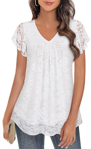 Syphiby Womens Blouses Ladies Top Size 20 UK Women Flowy Tunic Tops Womens Short Sleeve Blouse Ladies Chiffon Blouse Women V Neck Top Wedding Guest Tops White