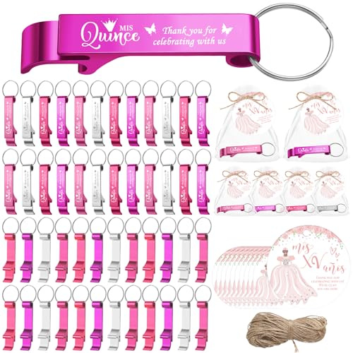 Maxdot 56 Sets Quinceañera Party Favors for Guests Bottle Opener Keychain Thank You Celebrating with Us Tags and Bags 15th Birthday Party Favor for Birthday Anniversaries Souvenirs Decor