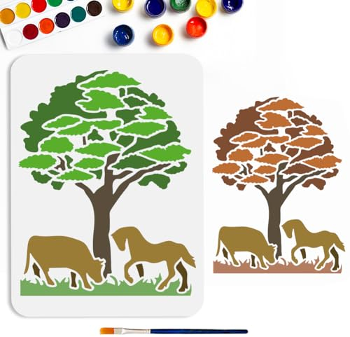MAYJOYDIY A4 Großem Baum Vorlage Kuh Pferde Schablone 29.7x21cm Wiederverwendbare Malvorlage Naturtieren Zeichenschablone Zum Bemalen von Wänden Heimdekoration DIY Kunsthandwerk