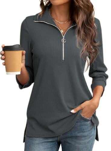 Cuptacc Damblus, V-ringad 3/4 ärm, skjorta, halv dragkedja, design, långärmade toppar, tunika damer, Mörkgrå, M