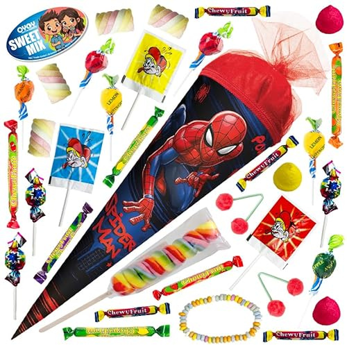 OYOY 35cm Schultüte gefüllt mit Süßigkeiten Mix I ROTH Schultüte Spiderman I kleine Schultüte gefüllt I Geschwister Schultüte I Einschulung Geschenk