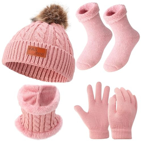 GSrenyu 4 Pack Girls Knit Hat, Scarf, Gloves & Socks Set - Pink, Faux Fur for Kids 4-8