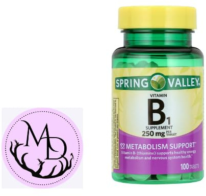 Spring Valley Vitamin B1 Tablets Dietary Supplement, 250 mg, 100 Count + Dri Store Sticker.