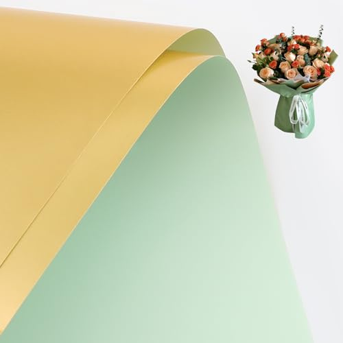 20 Blatt Zweifarbiges Doppelseitiges Blumen Geschenkpapier Wasserdichtes Blumenpapier Floristenstrauß Zubehör Papier für Blumenladen Blumenverpackung 55 x 56cm (Minzgrün & Golden)