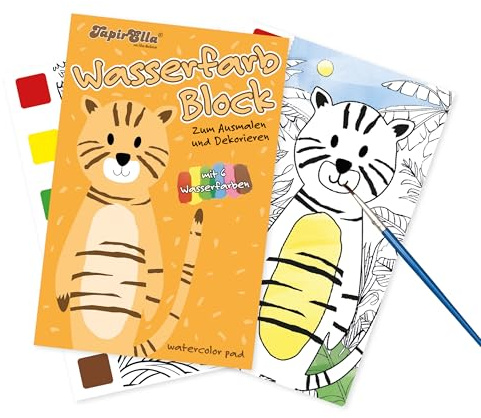 Lutz Mauder Malbuch mit Wasserfarben für Kleinkinder und Kinder im Alter von 1-3 und 2-4, Aquarell-Malpapier, magisches Buch TapirElla Tiger mit Pinsel