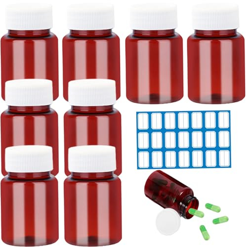 Lot de 8 flacons de médicaments réutilisables avec couvercle vide et étiquette vierge 50 ml