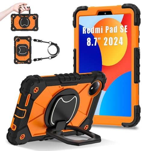 Custodia protettiva per tablet Case Compatible with Xiaomi Redmi Pad SE 8.7/Redmi Pad SE 4G Released 2024 Rugged Shockproof Cover,Protective Case W 360 Swivel Kickstand+Hand Strap+Shoulder Strap(Black