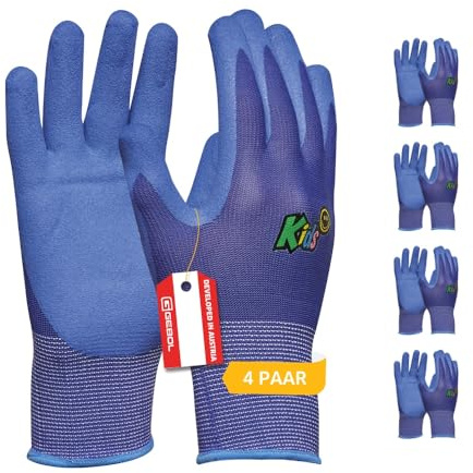 Gebol Kids Gartenhandschuhe, 4 Paar, Blau, atmungsaktiv, Nitril-Grip, EN388 | Für Beet, Rosen & Pflanzarbeiten, schützt vor Dornen & Erde, feines Tastgefühl, angenehme Passform, leicht zu reinigen