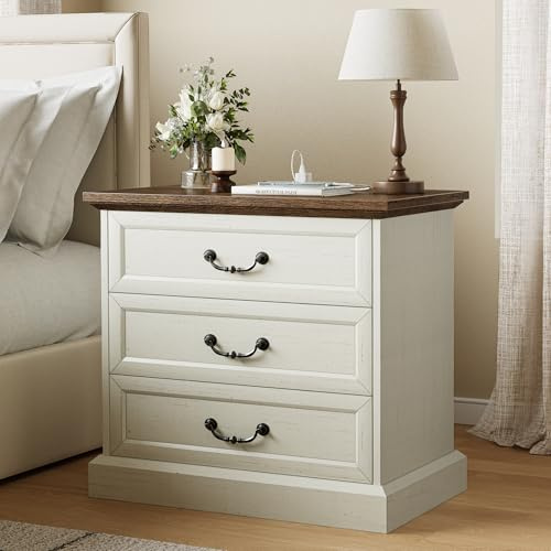 Huuger Nightstand with Charging Station, 3 Drawer Night Stand | 22 Inch Wider Side Table with Storage, Farmhouse Nightstand with Vintage Handles, Thicken Base, for Bedroom, Distressed White