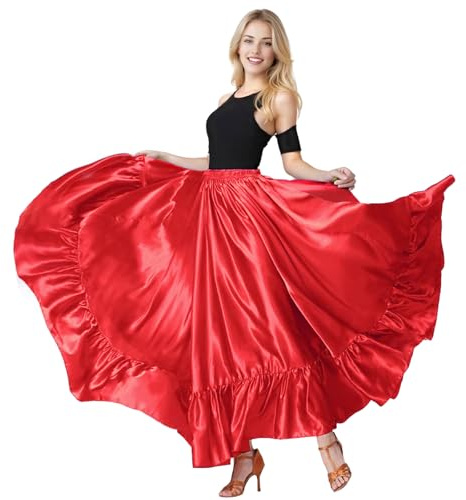 Baisdan Women's Satin Ruffle Belly Dance Skirt for Spanish Bull Folkloric Mexican Flamenco Dancing Performance Red