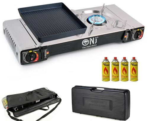 Double Camping Stove - 2 Burner Portable Gas Cooker Grill Plate Carry Case and Bag (Stove + 4 Canisters)
