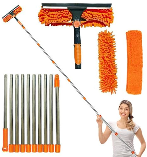 Kit De Plumeau Haute Portée De 6 M | Kit De Nettoyage De Vitres 2 En 1 Avec Rallonge De 1.5 À 4.9 M, Plumeau Pour Plafond,ête En Microfibre Pour Plafond, Étagères Abat-Jour,vitres Et Toiles D'araignée