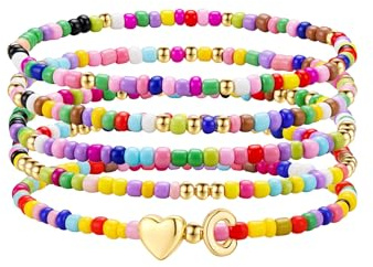TINGN 5 Stück Bunte Perlen Armband Damen Mädchen Handgefertigt Perlen Armband mit Buchstaben Boho Herz Armbänder Stapelbare Armbänder Set Personalisierte Geschenke für Frauen Teenager Mädchen Schmuck