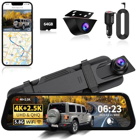 Mirror Dual Dash Camera with Voice Control,4K+2.5K Rear View Mirror Camera with 5.8GHz WiFi and APP Control, WDR Night Vision, Loop Recording, G-Sensor, Parking Monitor 64GB Card Included
