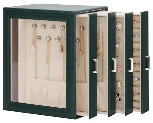 DesignSter Boîte à bijoux à 4 Niveaux pour femme, Coffret à Bijoux en PU avec tiroirs latéraux, Rangement Bijoux pour boucles d'oreilles, colliers, bagues, bracelets, montres, Vert foncé
