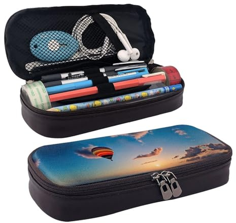 Hot Air Balloon Sunset Premium Leather Flip Pencil Case – Stylish Brown Leather Pencil Bag with Zipper Closure, Multi-Purpose for School, Office, Travel & Cosmetics