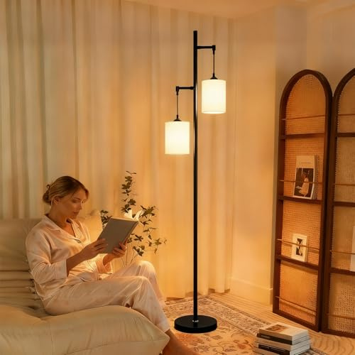 Lightdot 65IN Black Floor Lamp for Living Room, Industrial 2-Light Tree Floor Lamps with Linen Shade, Mid Century Modern Standing Tall Lamp for Bedroom/Sofa Beside/Corner Decor-Black(Bulb Included)