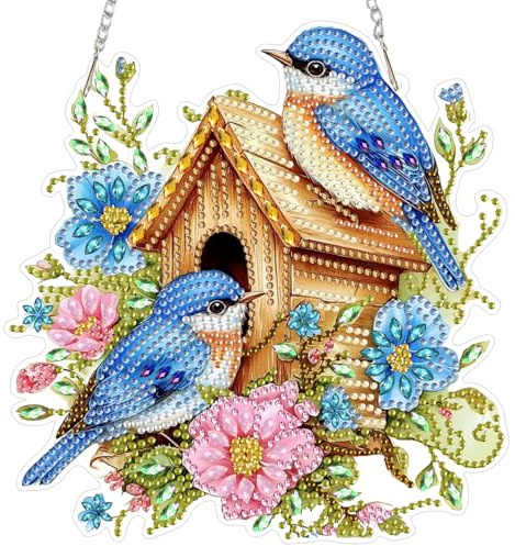 MAXBYE Diamond Painting Pendentif, Diamond Painting Hanging Images de Fenêtre avec Chaîne, Oiseaux Bleus Broderie Diamant Pendentif pour Adulte Diamant Art Porte et Fenêtre Décoration 20x20 cm