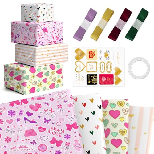 4 Sheets Wrapping Paper, 70x50cm Birthday Wrapping Paper, Recyclable Gift Wrap, Hearts Wrapping Paper Set with 4 Ribbon for Anniversary, Wedding, Birthday, Valentines Day, Husband or Wife