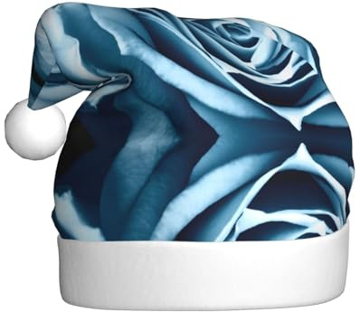 CHANGLEI Blaue Rose Weihnachtsmütze für Erwachsene, mit Bommel, Allover-Druck, festliche Weihnachtsmütze für Weihnachten, Party, Neujahr, weiches flauschiges Polyester