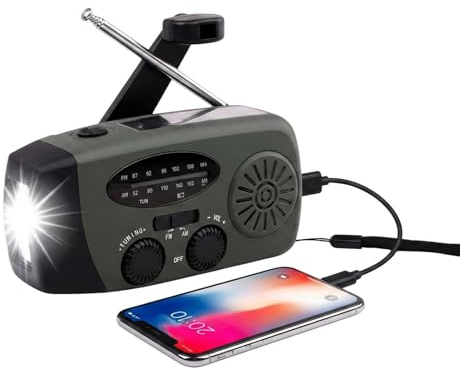 Wind Up Solar Radio, Hand Crank Radio Portable with LED Torch, Wind Up Torch for Camping Hiking, 2000mAh Solar and Hand-Crank Charging with SOS Alarm, AM/FM, Support Phone Charger (Green)
