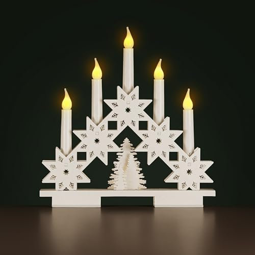 HomeZone White Wooden Christmas Candle Bridge - Rustic Snowflake Candle Arch with 5 Warm LED Lights - Battery Operated Candlebridge Window Decoration for Home, Mantel or Fireplace Decor