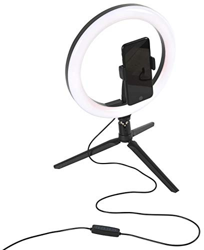 INTEMPO EE5977BLKSTKEU7 Sync Desktop Selfie Ring Stand with Phone Holder, 26 cm, 3 Light Modes, USB Powered, Create The Perfect Atmosphere for Social Media Images & Portraits, Black