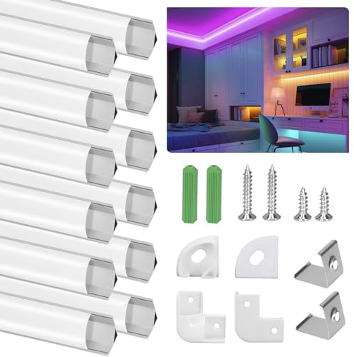 SENXINGYAN LED Aluminium Profil 1m, 12 Pack V-Form LED Profil/LED-Kanäle mit Milchig Weißer Abdeckung, LED-Diffusoren mit Endkappen, Montageclips und Eckverbindern