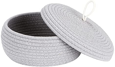 Sea Team Round Cotton Rope Storage Basket with Lid, Decorative Woven Storage Bin, Pot, Caddy, Organizer, Container for Snacks, Towels, Plants, 10 x 4.5 Inches (Small, Shallow, Grey)