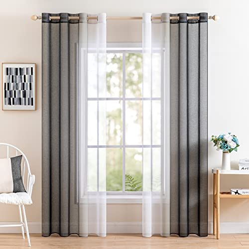 MIULEE 2er Set Voile Vorhang Zweifarbiger Vorhang mit Ösen Transparente Gardine Ösenschal Fensterschal Lichtdurchlässig für Schlafzimmer, 140x225cm, Schwarz