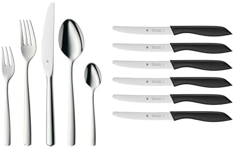 WMF Boston Besteck Set 12 Personen, Essbesteck 60 teilig, Monobloc-Messer, Cromargan Edelstahl poliert & Classic Line Frühstücksmesser Set 6-teilig, 23 cm, Brötchenmesser Wellenschliff, schwarz