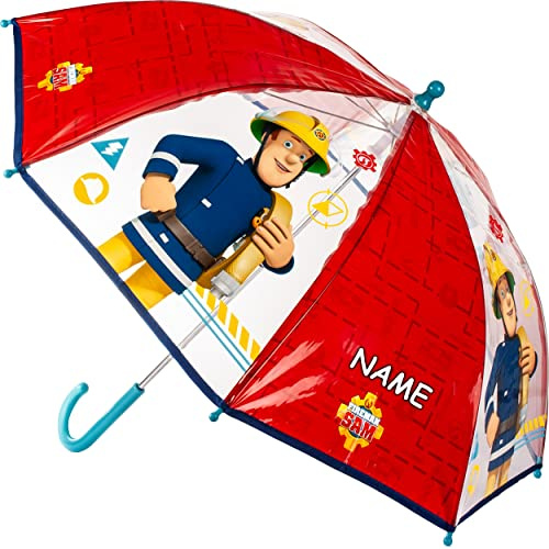 alles-meine.de GmbH Kinder Regenschirm Feuerwehrmann Sam Jones inkl. Name - Kinderschirm Ø 70 cm/lichtdurchlässig & durchscheinend - halb transparent - Kinder - groß Stocks..