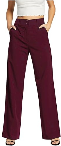 femiss Womens Wide Leg Trousers | High Waisted Tailored Smart Office Workwear | Relaxed Fit Flared Formal Business Casual Pants with Pockets | Sizes 6-20 | (Red-14) Wine