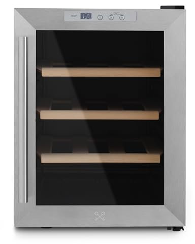 LES PETITS CHAMPS Vinoteca 12 botellas CAVS12, Capacidad 31L, Puertas de acero inoxidable, Ajuste de temperatura de 11°C a 18°C, Sistema termoeléctrico, Iluminación LED, Anti-UV, 3 estantes