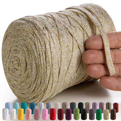 MeriWoolArt® Makramee Textilgarn zum Häkeln und Stricken - DIY glitzern flache T-Shirt Band Garn Dicke 10 mm, 125 m - Recyceltes Baumwollgarn mit Lurex, Viscose (Lurex Beige)