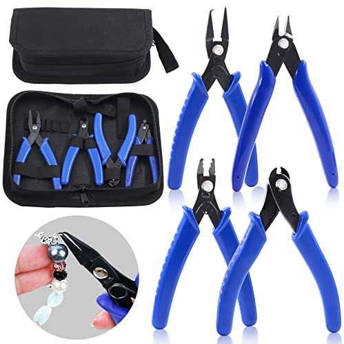 Rustark 4Pcs Jewelry Pliers Tool Assortment Kit, Jewelry Bead Crimping Pliers, Flush Cutter Jewelry, Split Ring Plier and Wire Cutter Tool for Beading Necklaces Earrings Bracelets DIY Jewelry Making