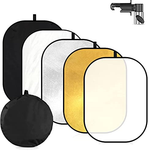 Soonpho 40 x 60 cm 5-in-1 Faltbarer ovaler Beleuchtungsreflektor mit Halter Clip und Tragetasche für Fotostudio und Außenaufnahmen