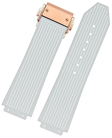 COEPMG Für Hublot Big Bang Schwarz Blau Weiß Silikon Gummi Armband mit Herren Schmetterling Schnalle Armband Zubehör 26 x 19 mm (Farbe: Weiß Roségold, Größe: 25,19 mm)