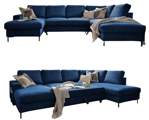 MIUFORM Lofty Lilly, 8 Sitzer Ecksofa mit Schlaffunktion, Rechts, Navy Blau | Sofa mit Schlaffunktion, Schlafsofa mit Bettkasten, Wohnlandschaft U Form, 303x197x84cm, Couch mit Schlaffunktion, Sofa Bed