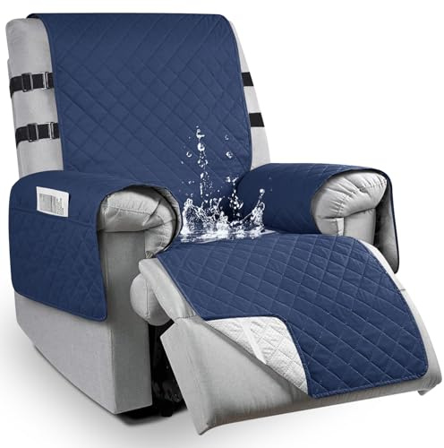 100% Wasserdicht Sesselauflage mit Armlehnen, rutschfest Sesselschoner für Relaxsessel mit 2 Verstellbaren Riemen, Fernsehsessel Schoner 1 Sitzer für Familien mit Haustieren Geeignett, Blau, L
