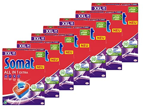 Somat All in 1 Extra Spülmaschinen Tabs (7x54 Tabs), Geschirrspül Tabs für strahlende Sauberkeit auch bei niedrigen Temperaturen, bekämpfen selbst verkrustete Rückstände