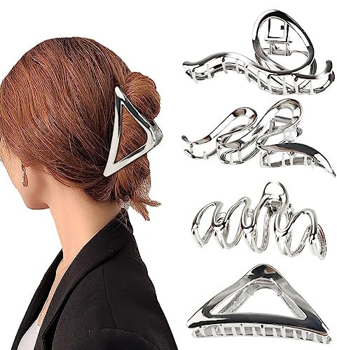 4 Stück Große Haarklammer, Silber Metall Haarspangen für Dickes Haar Dünnes Haar, Rutschfestes Groß Haarkrallen Flower Hair Clip Haarklammern Haarstyling-Zubehör für Damen Mädchen