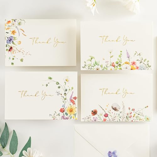 Crisky Biglietti di ringraziamento con buste (confezione da 50) e adesivi biglietti di auguri, fiori di campo ad acquerello, per compleanno, baby shower, addio al nubilato, matrimoni,