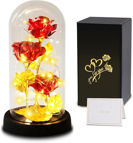 Touloube Rose Flower for Women,Galaxy Rose for Her, Light Up 3 Rose Flowers,Womens Gifts Mom Gift for Xmas,Artificial Rose Flower in Glass Dome Present for Wedding, Birthday, Anniversary,Red