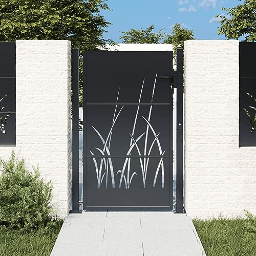 Festnight Puerta de Jardín Metalica Cancela de Valla Barrera de Jardín Puerta de Valla de Jardín Entrada Exterior de Acero Inoxidable, Robusta y Duradera, Gris Antracita Diseño Hierba 105x130 cm