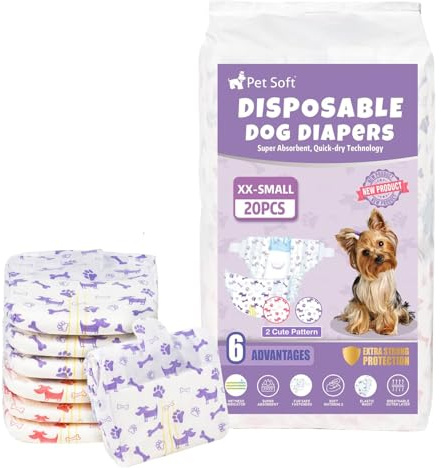 Pet Soft Female Dog Diapers - Disposable Doggie Diapers with Wetness Indicator, Puppy & Cat Diaper Super Absorbent, Fit for Female Dog in Heat or Incontinence, 20pcs (XXS, Mixed)