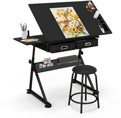 GIANTEX Zeichentisch mit Hocker, Architektentisch Schreibtisch höhenverstellbar & neigungsverstellbar, Schülerschreibtisch 2 Schubladen / 2 Arbeitsflächen, Bürotisch Arbeitstisch Architekten (Schwarz)