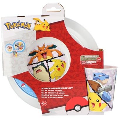 Stor Pokemon Frühstücksgeschirr 3-teilig, Mehrfarbig, Cartoon-Muster, Mikrowellen- und Spülmaschinengeeignet