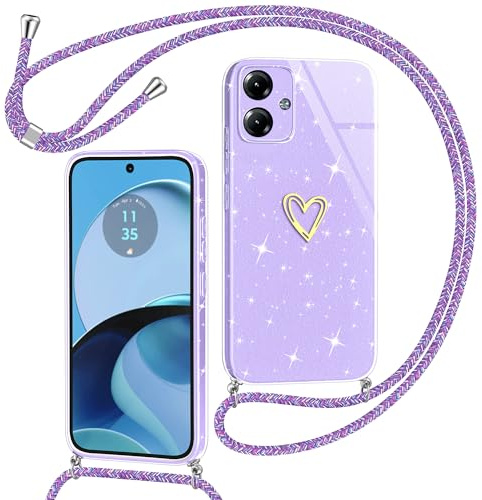 Yichxu Funda con Cuerda para Motorola Moto G14, Patrón de Corazón Silicona Carcasa con Cordón, Glitter Case con Ajustable Correa Colgante, Protección contra Caídas Caso para Moto G14, Púrpura